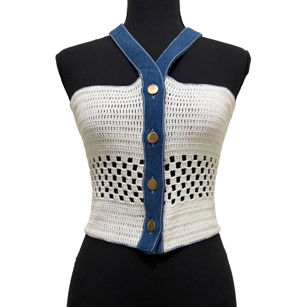 NEW My Beachy Side Crochet Halter Top L White Denim Button Front Coastal Resort